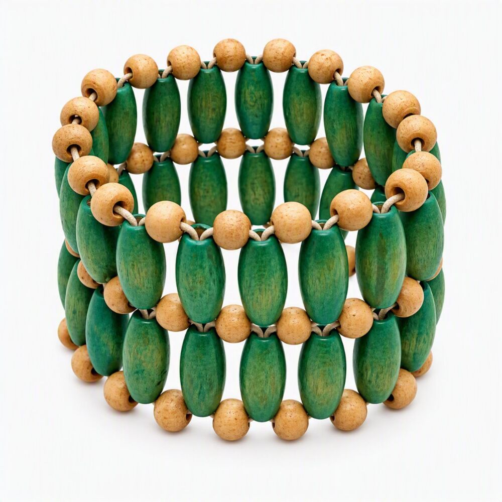 Wide Chunky Green & Tan Natural Wood Beaded Stretch Bracelet Boho Statement